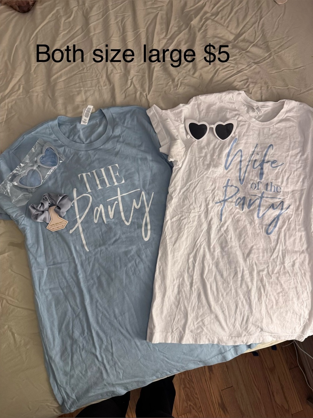 One White 'Wife of the Party' T-Shirt with Blue Text & one bridesmaid shirt